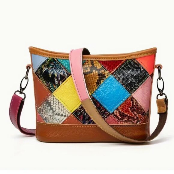 Womens Fashion Crossbody Bag Random Color Patchwork Shoulder Bag Leather Fabric - Picture 8 of 11